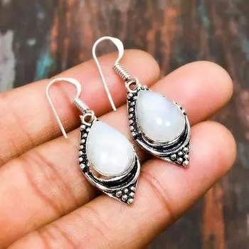 Радужный лунный камень, ювелирные серьги ручной работы из стерлингового серебра 925 пробы с драгоценными камнями 1.59 Inches белый