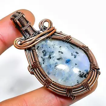 Радужный лунный камень, ювелирный кулон ручной работы из медной проволоки, 2,36 дюйма 2.36 белый