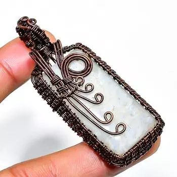 Радужный лунный камень, ювелирный кулон ручной работы из медной проволоки, 2,56 дюйма 2.56 белый