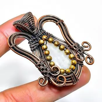 Радужный лунный камень, ювелирный кулон ручной работы из медной проволоки, 1,77 дюйма 1.77 белый