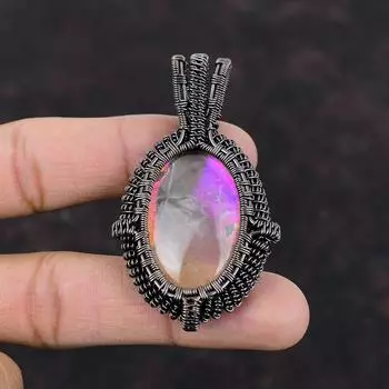 Радужный мистический опаловый кулон, кулон из медной проволоки, новый кулон ручной работы, ювелирные изделия из медной проволоки, кулон из натурального драгоценного камня, подарок для мамы