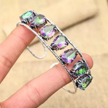Радужный мистический топаз, драгоценный камень, ювелирные изделия ручной работы из стерлингового серебра 925 пробы, манжеты/браслет для нее