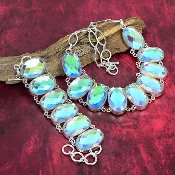 Радужный мистический топаз из твердого стерлингового серебра 925 пробы, ювелирный браслет и ожерелье, потрясающий комплект ювелирных изделий из драгоценных камней, свадебный подарок, комплект ручной работы, подарок для женщин Adjustable With 8 -18 белый
