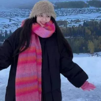 Радужный мохеровый шарф женский зимний утолщенный большой шерстяной шарф в клетку из альпаки