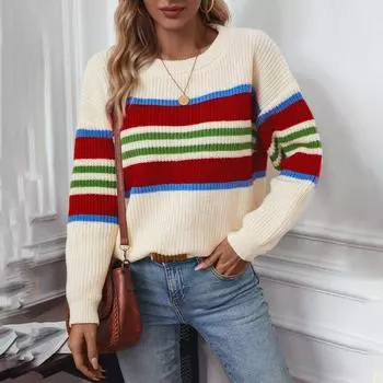 Радужный полосатый пуловер женский свитер с перекрестными полосками на осень и зимуновые модные повседневные свитера с круглым вырезом S абрикосовый
