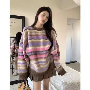 Радужный полосатый свитер для женщин, новый осенне-зимний шикарный красивый нежный корейский свитер с атмосферой ленивого ветра One size
