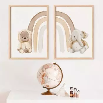 Радужный постер для детской комнаты, маленький медвежонок, художественный принт, милый ребенок, слон, холст, картина, современная нейтральная настенная картина, детская комната, домашний декор 21x30cm No Framed