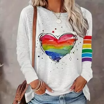 Радужный принт, повседневная футболка с круглым вырезом с длинными рукавами на весну и лето, женская одежда S