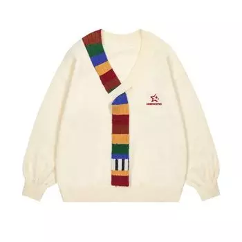 Радужный шерстяной свитер с V-образным вырезом, женская осенне-зимняя куртка в стиле ретро для студентов-художников, свободный топ one size абрикосовый