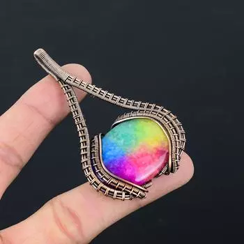 Радужный солнечный кварц Gemstone Pure Copper Wire Wrapped Handmade Jewelry Pendant 3.07 Inches розовый