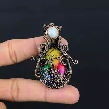 Радужный солнечный кварц и лунный камень, драгоценный камень, ручная работа из чистой медной проволоки, ювелирный кулон на День Благодарения 2.76 Inches розовый