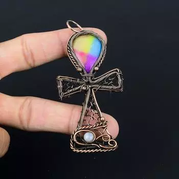 Радужный солнечный кварц и лунный камень драгоценный камень чистая медная проволока обертка ручная работа роскошный ювелирный кулон