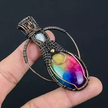 Радужный солнечный кварц и лунный камень, драгоценный камень, подвеска ручной работы из чистой медной проволоки для нее 3.03 Inches разноцветный