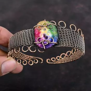 Радужный солнечный кварцевый браслет-друзи, браслет-манжета из медной проволоки, регулируемый браслет из драгоценных камней, браслет ручной работы, медные украшения, подарок для него