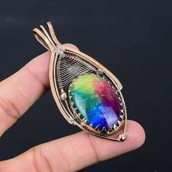 Радужный солнечный кварцевый драгоценный камень из чистой медной проволоки, завернутый в подвеску ручной работы, ювелирные изделия 3.31 Inches синий