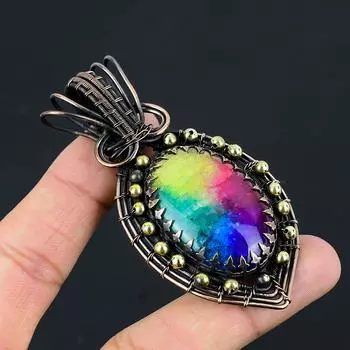 Радужный солнечный кварцевый драгоценный камень из чистой медной проволоки, завернутый в подвеску ручной работы, ювелирное изделие для подарка на День благодарения 3.15 Inches жёлтый