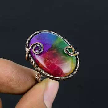 Радужный солнечный кварцевый драгоценный камень, медная проволока, обернутая ювелирным кольцом ручной работы для нее, все размеры 4 красный