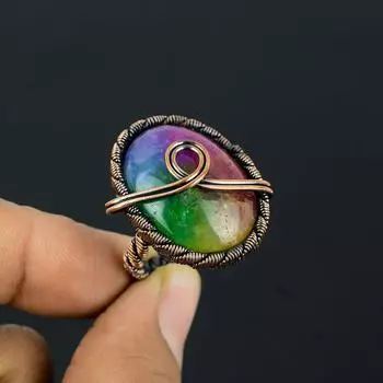 Радужный солнечный кварцевый драгоценный камень Медная проволока, обернутая ювелирным кольцом ручной работы, подарок для женщины 4 розовый
