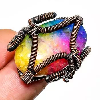 Радужный солнечный кварцевый драгоценный камень медная проволока обертывание ювелирное кольцо размер 10.5