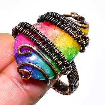 Радужный солнечный кварцевый драгоценный камень медная проволока обертывание ювелирное кольцо размер 11