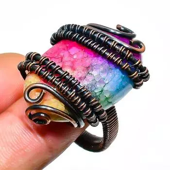 Радужный солнечный кварцевый драгоценный камень, ручная работа, медная проволока, ювелирное кольцо, размер 9