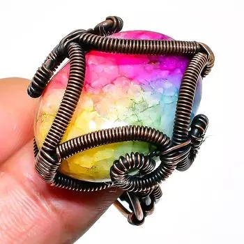 Радужный солнечный кварцевый драгоценный камень, ручная работа, медная проволока, ювелирное кольцо, размер 9