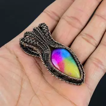 Радужный солнечный кварцевый драгоценный камень ручной работы из медной проволоки, ювелирный кулон для подарка 2.44 Inches разноцветный