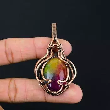 Радужный солнечный кварцевый драгоценный камень ручной работы из чистой медной проволоки, обернутый кулон, ювелирные изделия для Дня памяти 2.36 Inches розовый