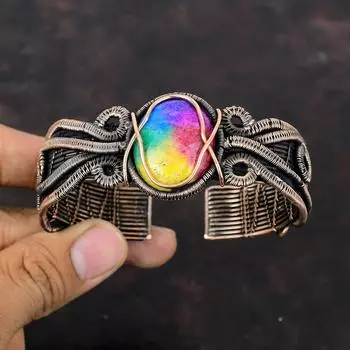 Радужный солнечный кварцевый друзовый браслет из медной проволоки, обернутый драгоценным камнем, регулируемый браслет, браслет ручной работы, медные украшения, подарок для мамы