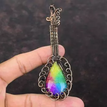 Радужный солнечный кварцевый друзовый кулон, медная проволока, обернутая кулоном ручной работы в стиле бохо, гитарный кулон, драгоценный камень, медные украшения, подарок для матери