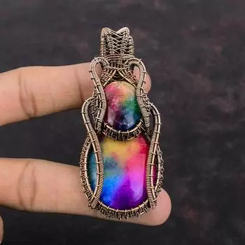 Радужный солнечный кварцевый друзовый кулон, медная проволока, обернутая кулоном, драгоценный камень, медные украшения, кулон ручной работы, подарок для матери, обернутая проволокой бижутерия