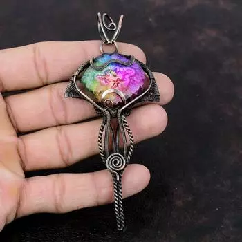 Радужный солнечный кварцевый друзовый кулон, медная проволока, обернутая кулоном, элегантные ювелирные изделия ручной работы, бохо-хиппи, кулон, драгоценный камень, медные ювелирные изделия для подарка