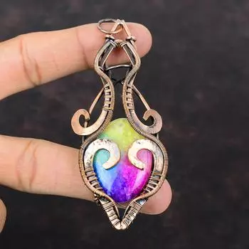 Радужный солнечный кварцевый кулон-друзи, подвеска из медной проволоки, ювелирные изделия ручной работы, подвеска из настоящего драгоценного камня, чудесный медный ювелирный подарок для мамы