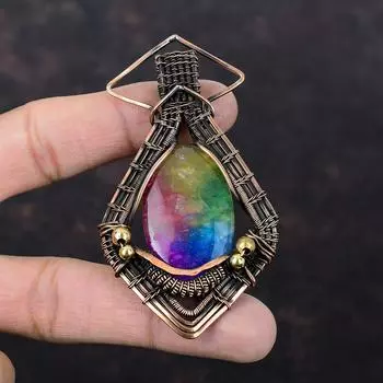 Радужный солнечный кварцевый кулон с друзами, кулон из медной проволоки, стильный кулон ручной работы, медная проволока, ювелирные изделия, кулон с драгоценным камнем для подарка