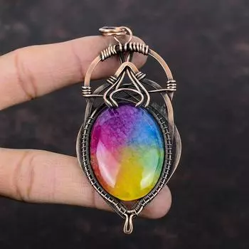 Радужный солнечный кварцевый кулон с друзами, кулон из медной проволоки, стильный кулон, драгоценный камень, медные украшения, кулон ручной работы, подарок на юбилей