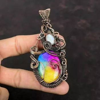 Радужный солнечный кварцевый кулон с друзами, медная проволока, обернутая радугой, кулон с лунным камнем, кулон из настоящего драгоценного камня, медные украшения ручной работы, подарок для него