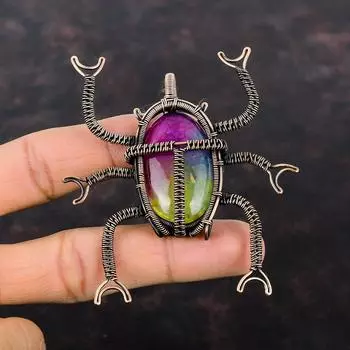 Радужный солнечный кварцевый кулон с друзами, медная проволока, обернутая ювелирными изделиями, кулон с жуком, кулон из медной проволоки, ювелирные изделия ручной работы, кулон с драгоценным камнем для подарка