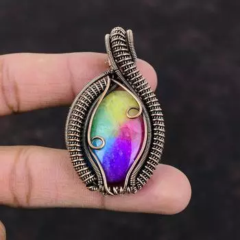 Радужный солнечный кварцевый кулон с друзами, медная проволока, кулон, ювелирные изделия в этническом стиле, кулон ручной работы, драгоценный камень, медное ювелирное изделие, подарок для сестры