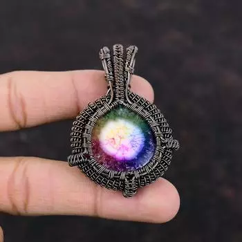 Радужный солнечный кварцевый кулон с друзами, медная проволока, обернутая подвеска, медные ювелирные изделия ручной работы, драгоценный камень, подвеска новейшего дизайна, женские специальные подарки