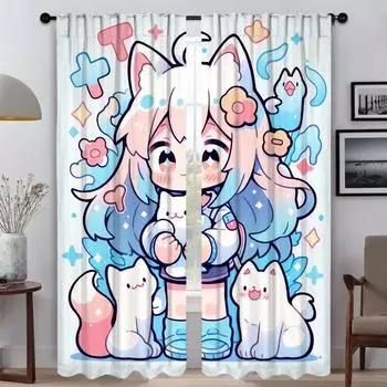 Радужный зефирный тюль для девочки-кошки для спальни, гостиной, занавески для кухни, 2 шт., занавески для домашнего интерьера, оттенки для ребенка W60xH90cmx2pcs-CL