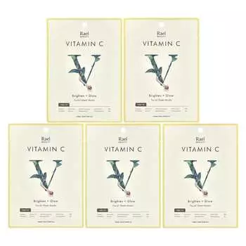 Rael, Витамин C, Осветляющая и сияющая маска для лица, 5 листов, 25 мл (0,84 жидких унций) каждый