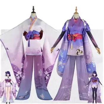 Raiden Shogun Game Beelzebul Косплей Аниме Raiden Ei Женский костюм из жаккардовой ткани, униформа, парик, китайский стиль, костюм на Хэллоуин XS синий