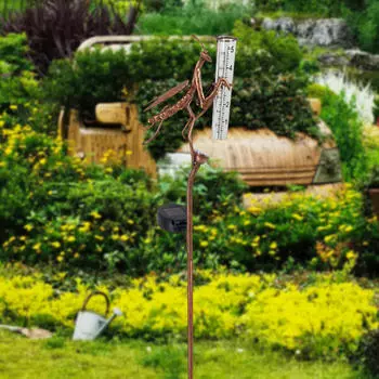 Rain Gauge with Solar Light Metal Stake Clear Numbers Mantis Sculpture Garden Lamp for