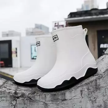 Rain shoes men s and women s medium tube plastic non-slip water shoes outdoor water boots warm rain boots couple rubber shoes you 36 белый