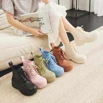 Rain shoes women Japanese fashion Internet celebrity platform tube water shoes waterproof non-slip heightening wear-resistant lace-up rain boots 36/37 чёрный