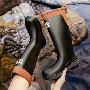 Rain shoes women s adult fashion high rain boots warm and velvet outer wear trache long water boots camping shoes 35 чёрный