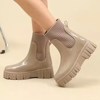 Rain shoes women s fashion medium tube inner height increase elastic mouth rain boots four seasons outside wear work shoes car wash non-slip rubber 36 чёрный