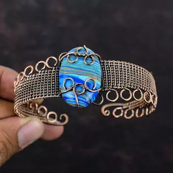 Rainbow Calsilica Cuff Bracelet Copper Wire Wrapped Bangle Gemstone Cuff Bracelet Handmade Adjustable Bangle Copper Jewelry Gift For Bridal