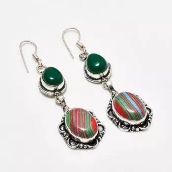 Серьги с радужным кальцитом и зеленым ониксом, посеребренные 925 пробы, 2,46 дюйма