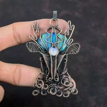 Подвеска из радужного кальциевого кремния, обернутая медной проволокой, подвеска из радужного лунного камня, подвеска в виде лица оленя, ювелирные изделия ручной работы из драгоценных камней, подарки для матери